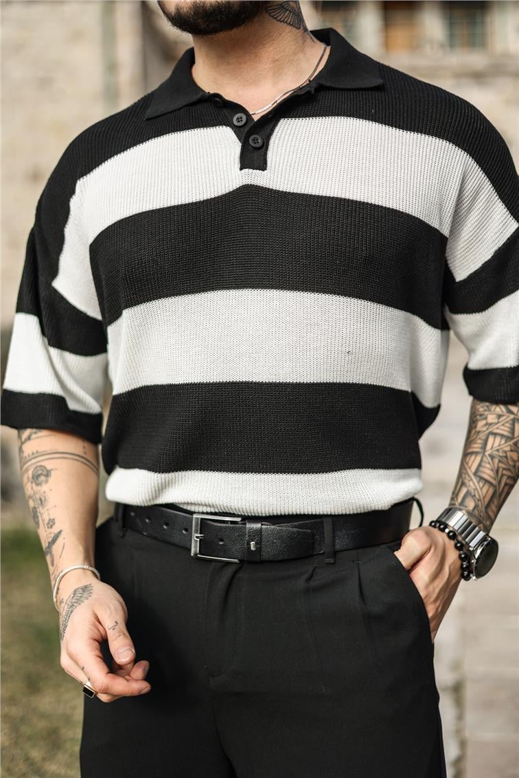 Polo Yaka Düğmeli Örme T-Shirt Siyah