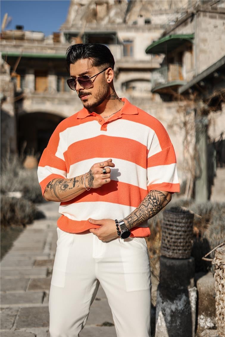 Polo Yaka Düğmeli Örme T-Shirt Turuncu