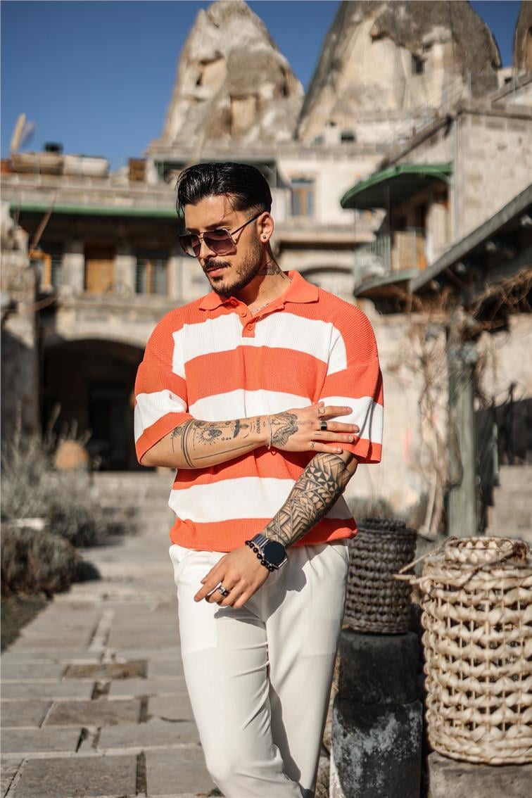Polo Yaka Düğmeli Örme T-Shirt Turuncu