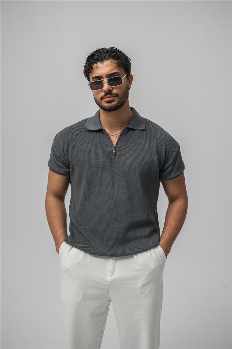 Polo Yaka Fermuarlı T-Shirt Antrasit