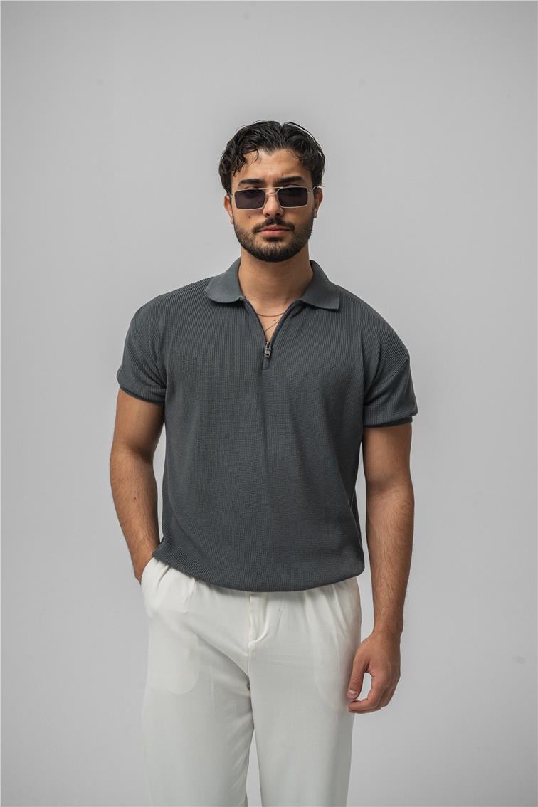 Polo Yaka Fermuarlı T-Shirt Antrasit