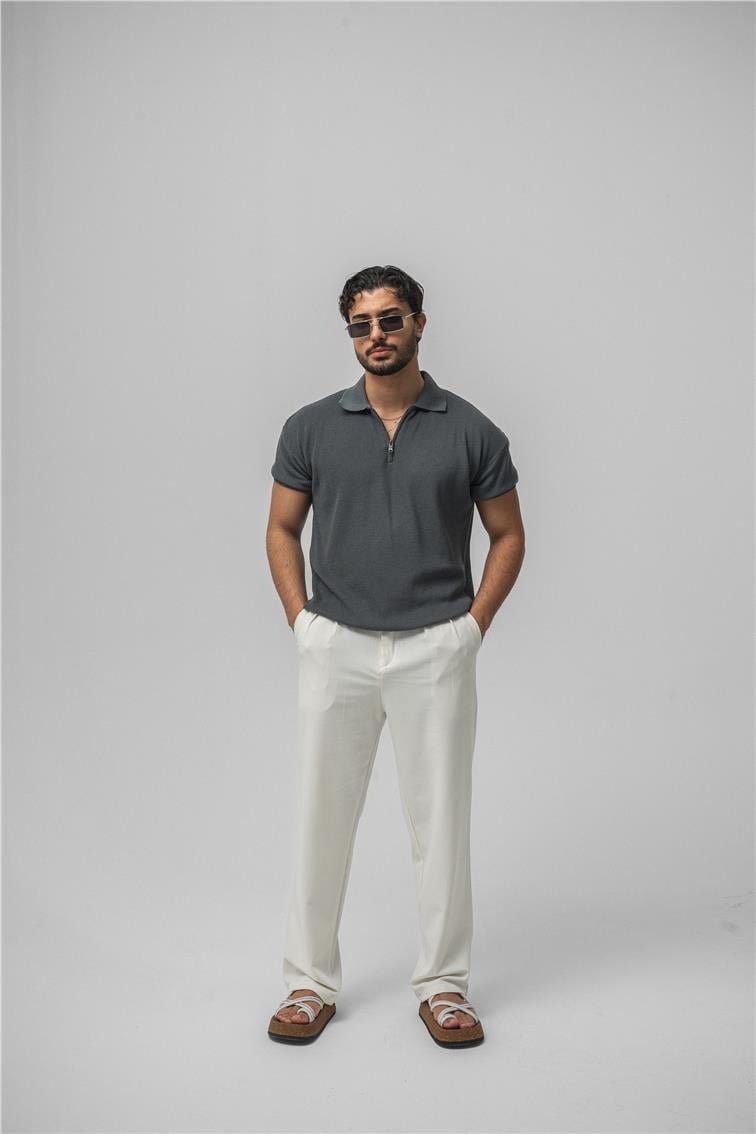 Polo Yaka Fermuarlı T-Shirt Antrasit