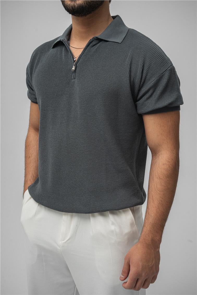 Polo Yaka Fermuarlı T-Shirt Antrasit