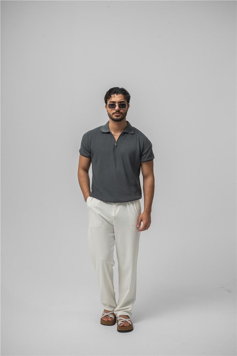 Polo Yaka Fermuarlı T-Shirt Antrasit
