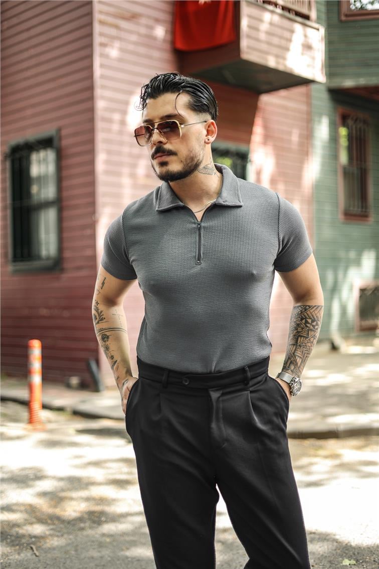 Polo Yaka Fitilli Slim Fit T-Shirt Füme