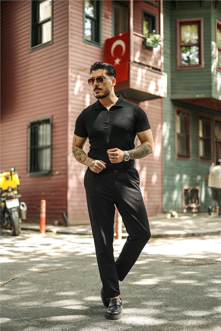 Polo Yaka Fitilli Slim Fit T-Shirt Siyah