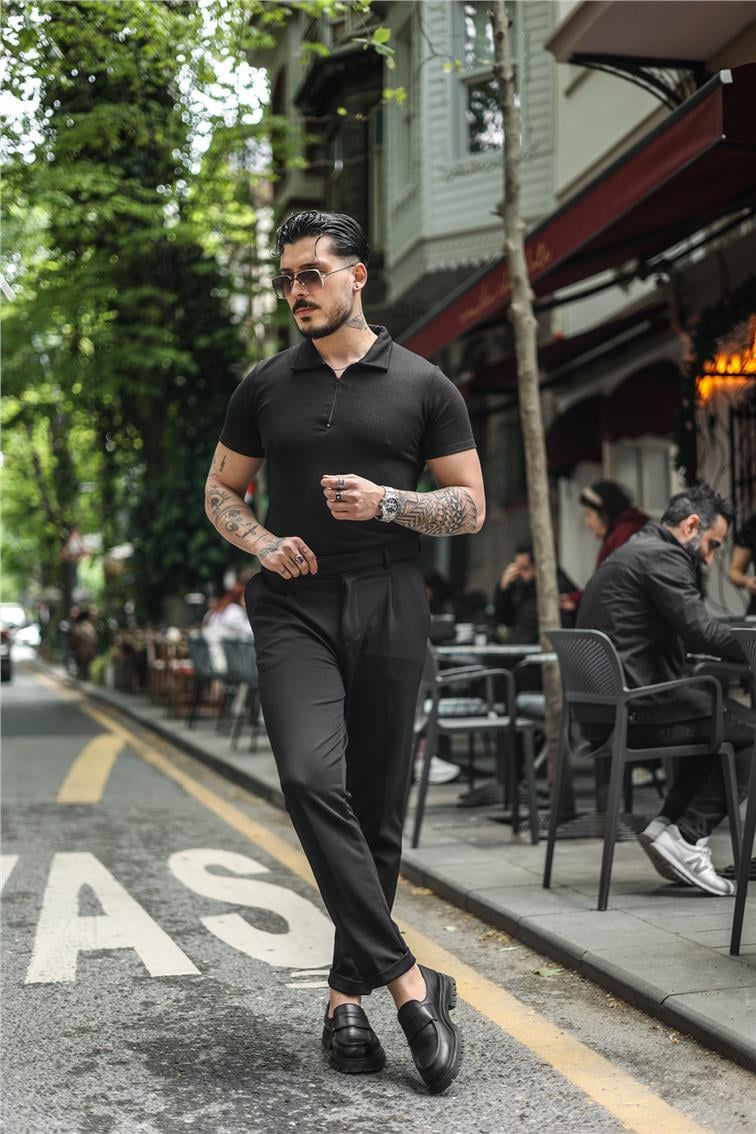 Polo Yaka Fitilli Slim Fit T-Shirt Siyah