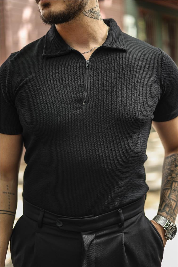 Polo Yaka Fitilli Slim Fit T-Shirt Siyah