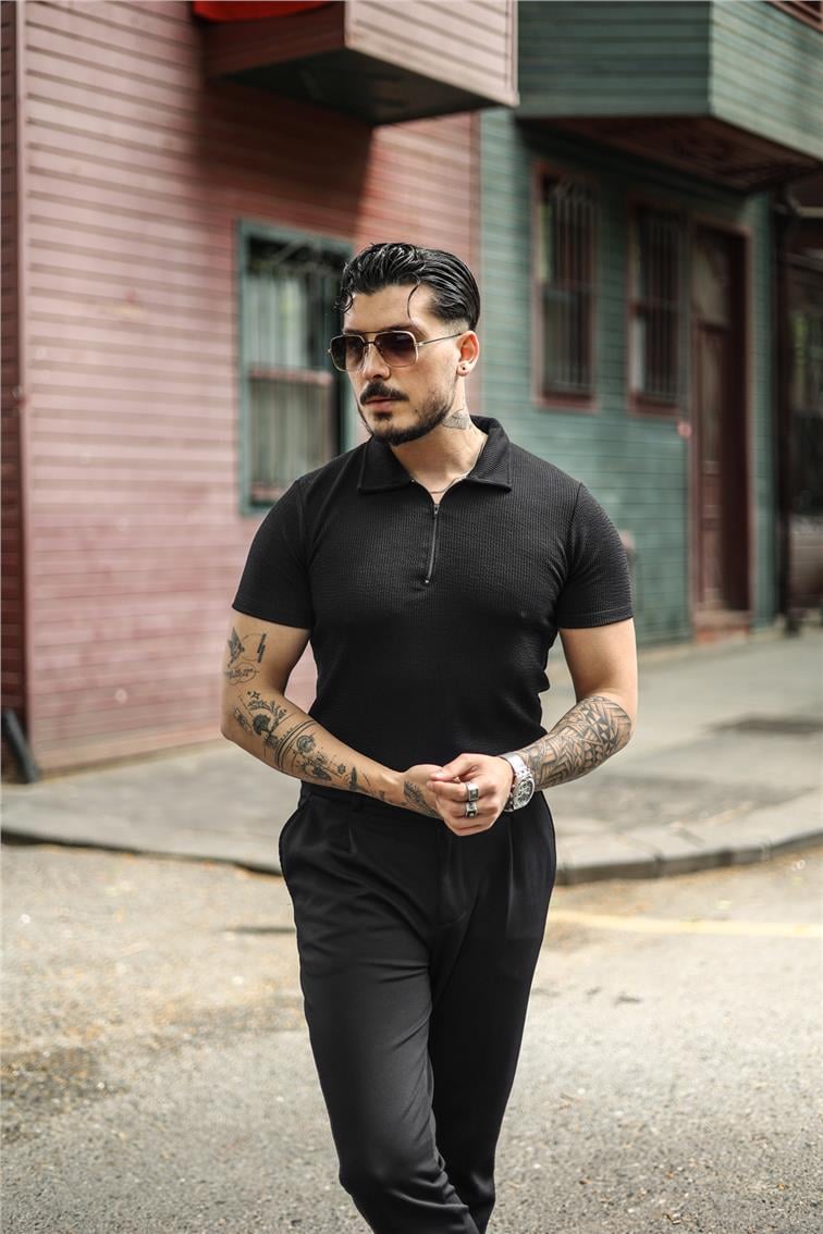 Polo Yaka Fitilli Slim Fit T-Shirt Siyah