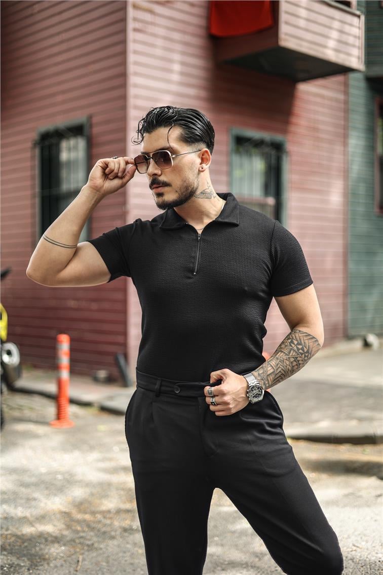 Polo Yaka Fitilli Slim Fit T-Shirt Siyah