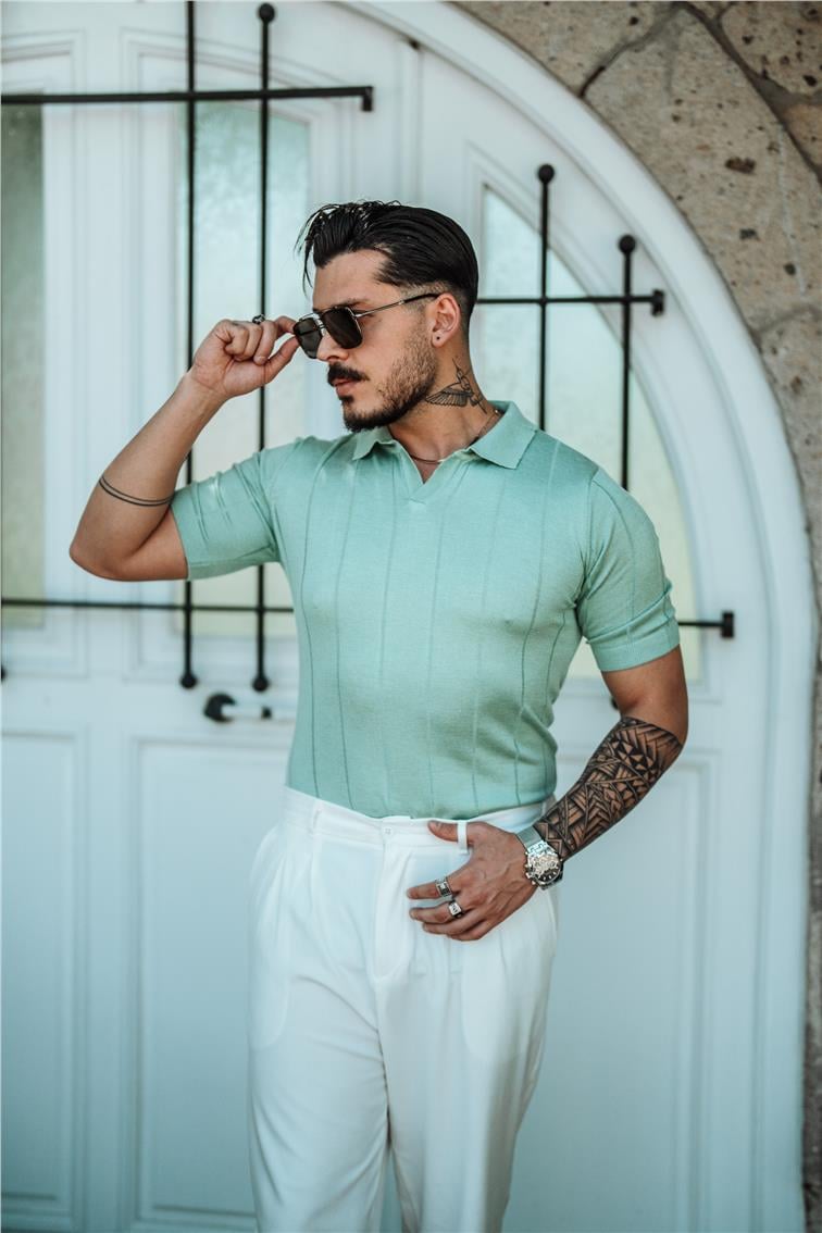 Polo Yaka Geniş Şeritli T-Shirt Mint