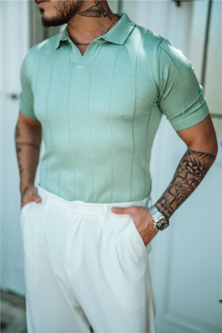 Polo Yaka Geniş Şeritli T-Shirt Mint
