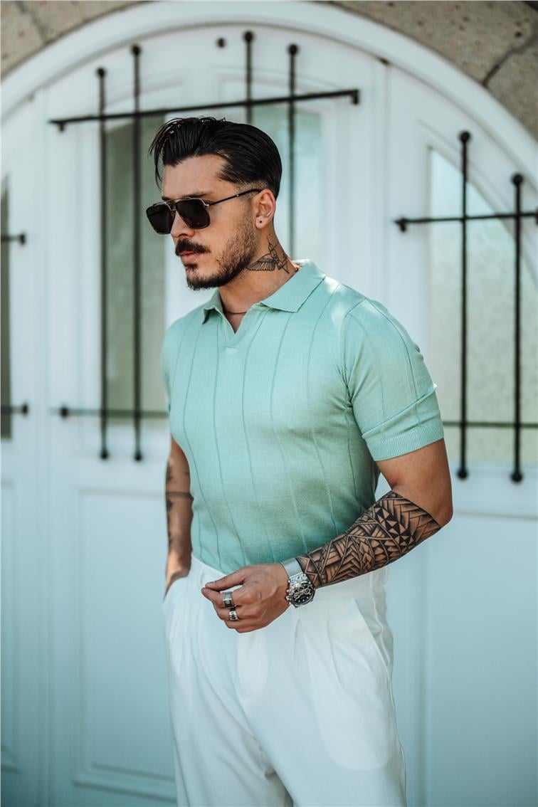 Polo Yaka Geniş Şeritli T-Shirt Mint