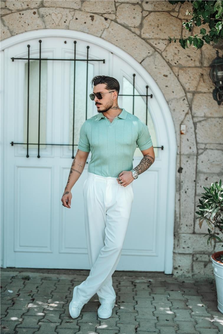 Polo Yaka Geniş Şeritli T-Shirt Mint