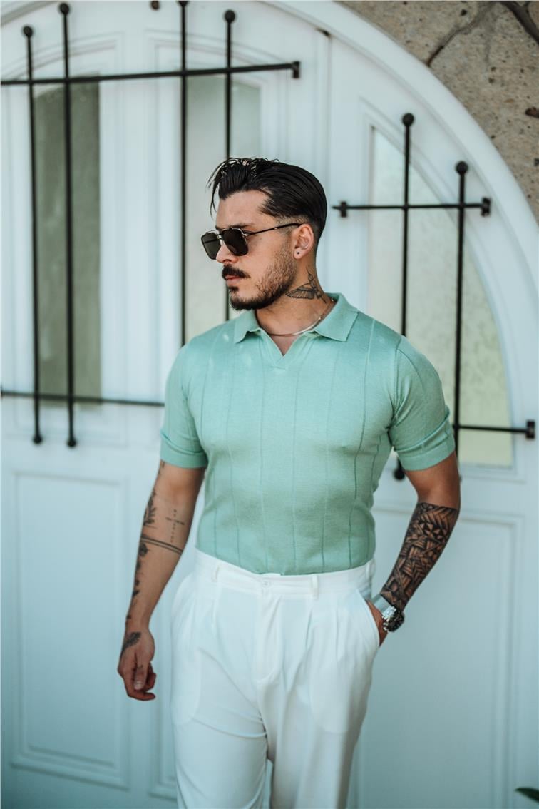 Polo Yaka Geniş Şeritli T-Shirt Mint