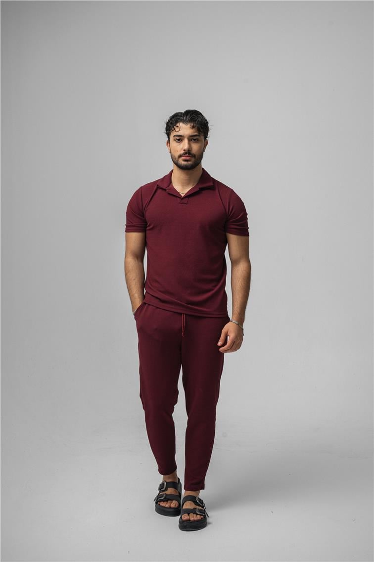 Polo Yaka Gizli Kabartma T-Shirt Bordo