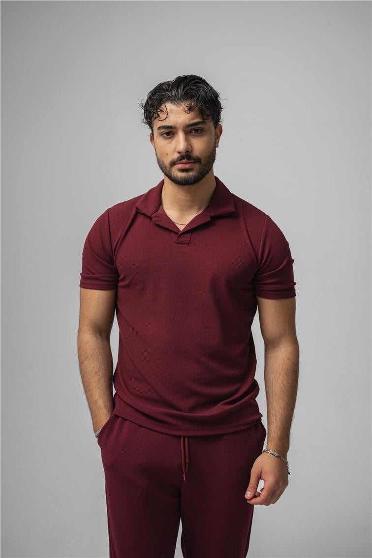 Polo Yaka Gizli Kabartma T-Shirt Bordo