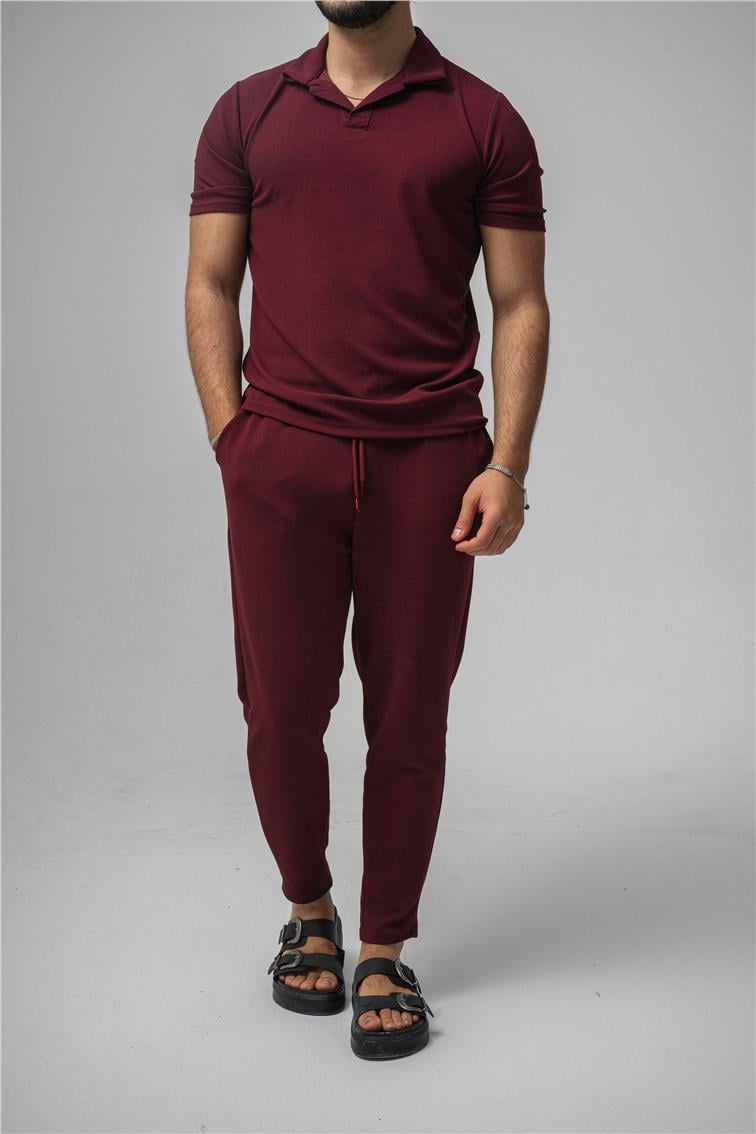 Polo Yaka Gizli Kabartma T-Shirt Bordo