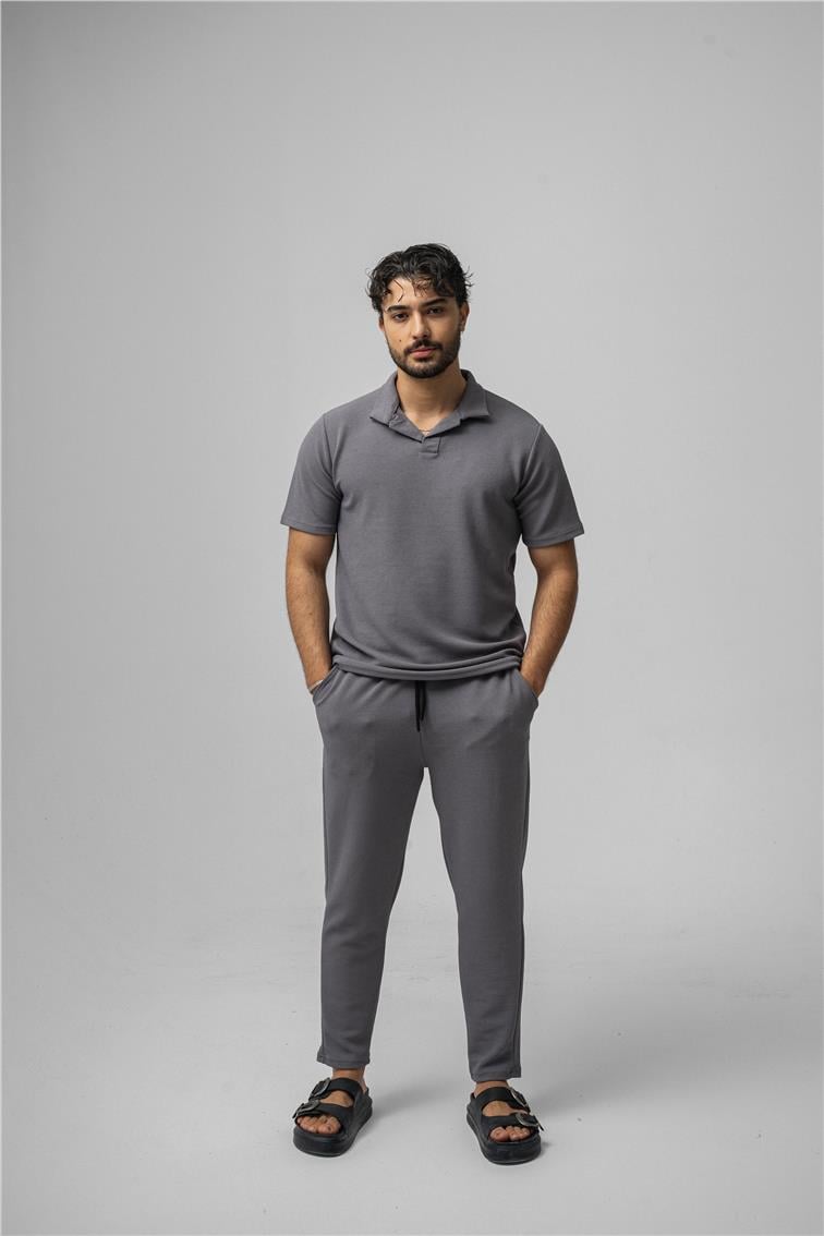 Polo Yaka Gizli Kabartma T-Shirt Gri