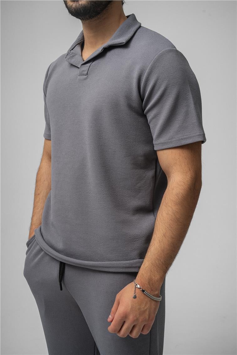 Polo Yaka Gizli Kabartma T-Shirt Gri