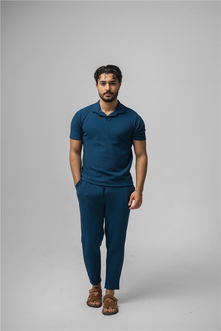 Polo Yaka Gizli Kabartma T-Shirt Lacivert