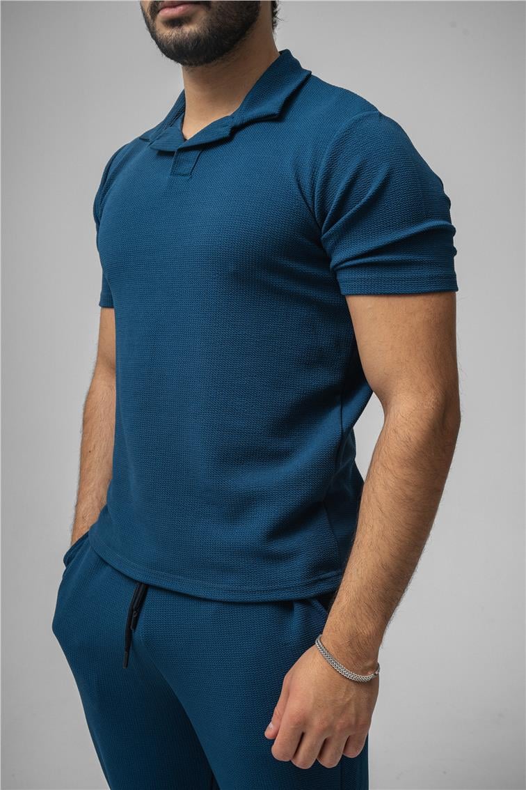 Polo Yaka Gizli Kabartma T-Shirt Lacivert