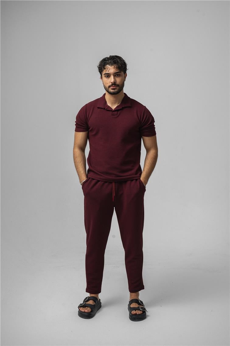 Polo Yaka Gizli Kabartma T-Shirt Mürdüm