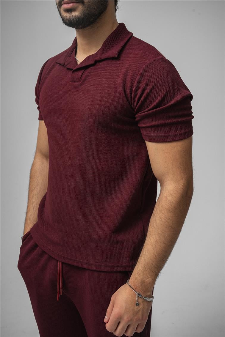 Polo Yaka Gizli Kabartma T-Shirt Mürdüm