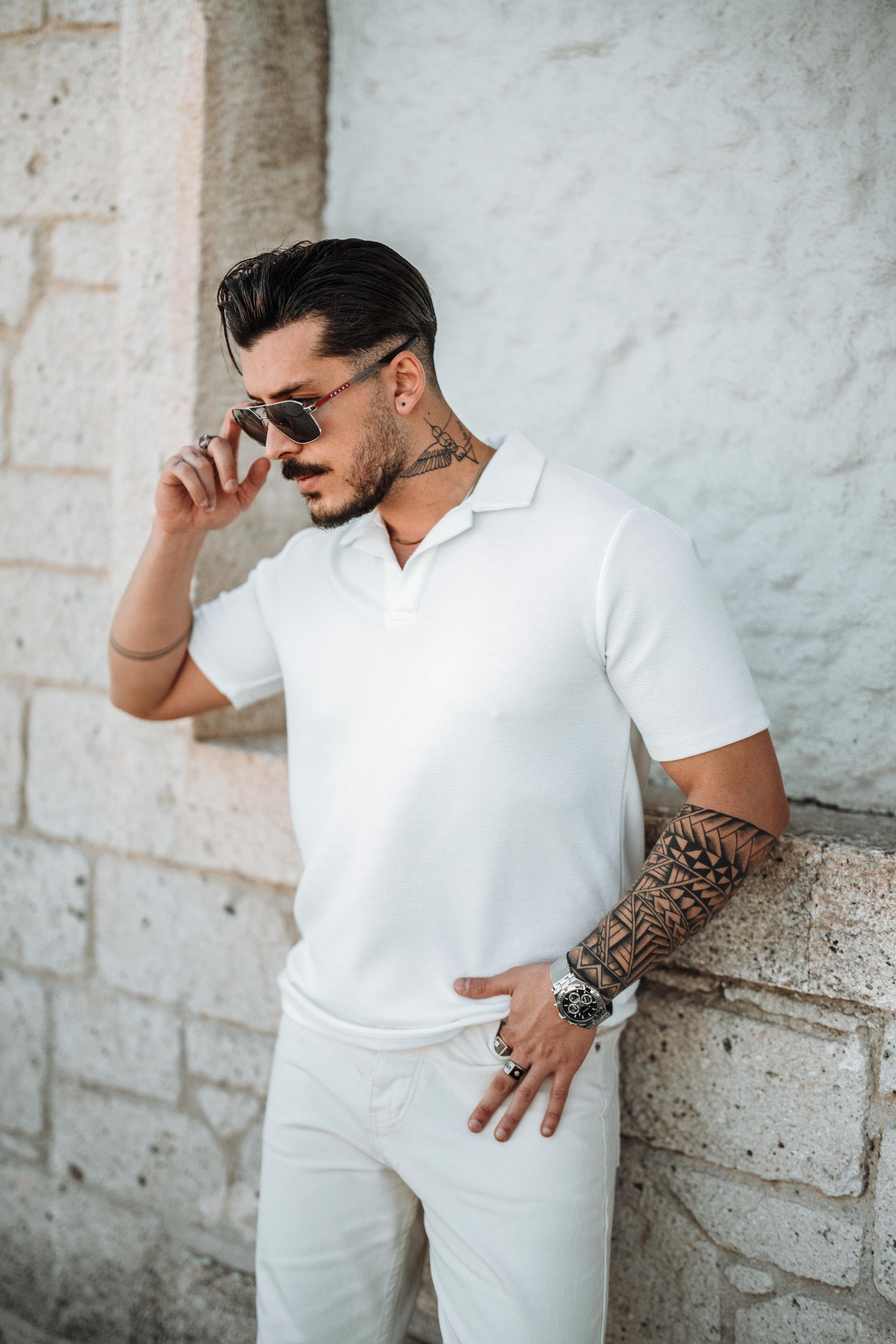 Polo Yaka Kabartma Kumaşlı T-Shirt Beyaz