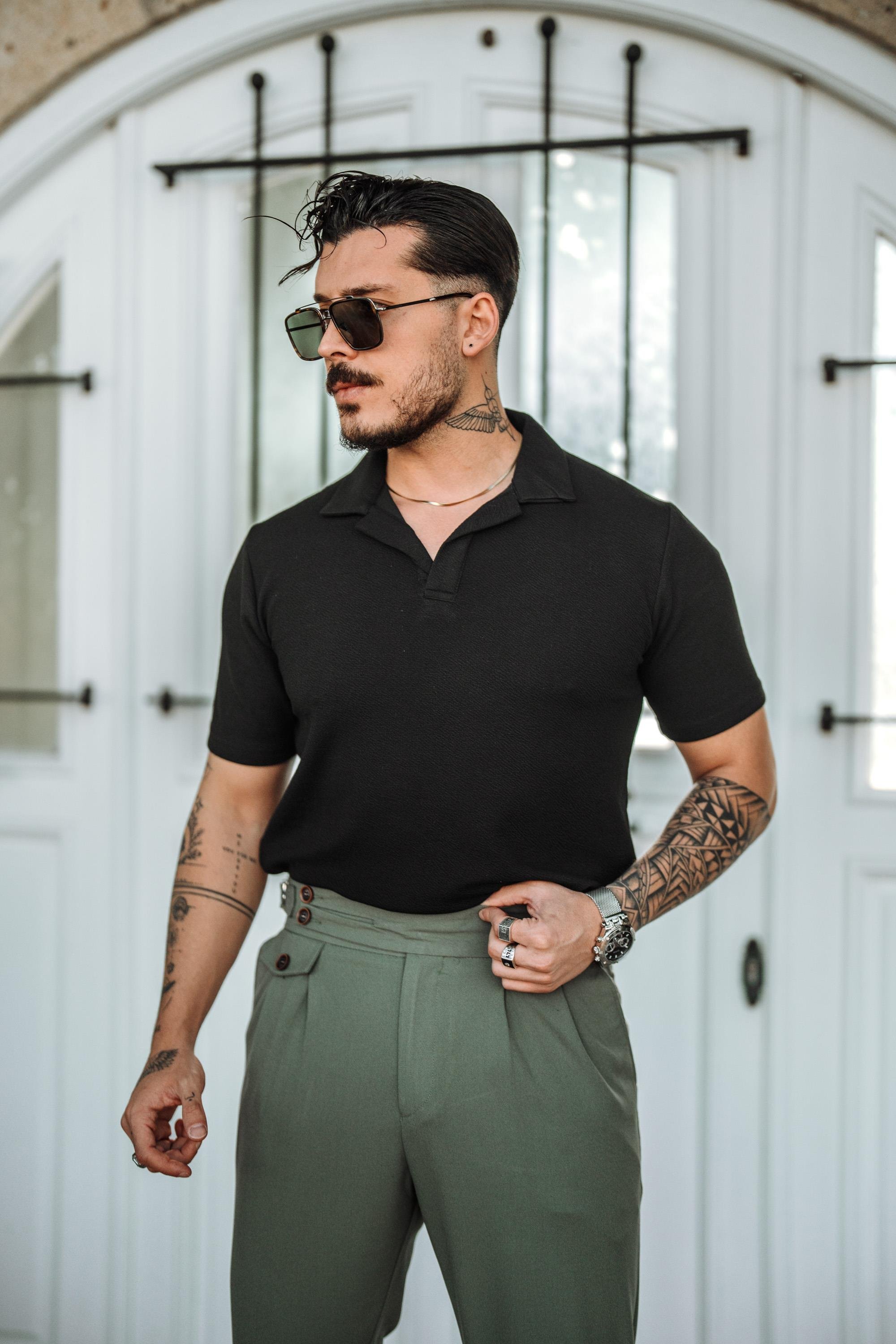 Polo Yaka Kabartma Kumaşlı T-Shirt Siyah