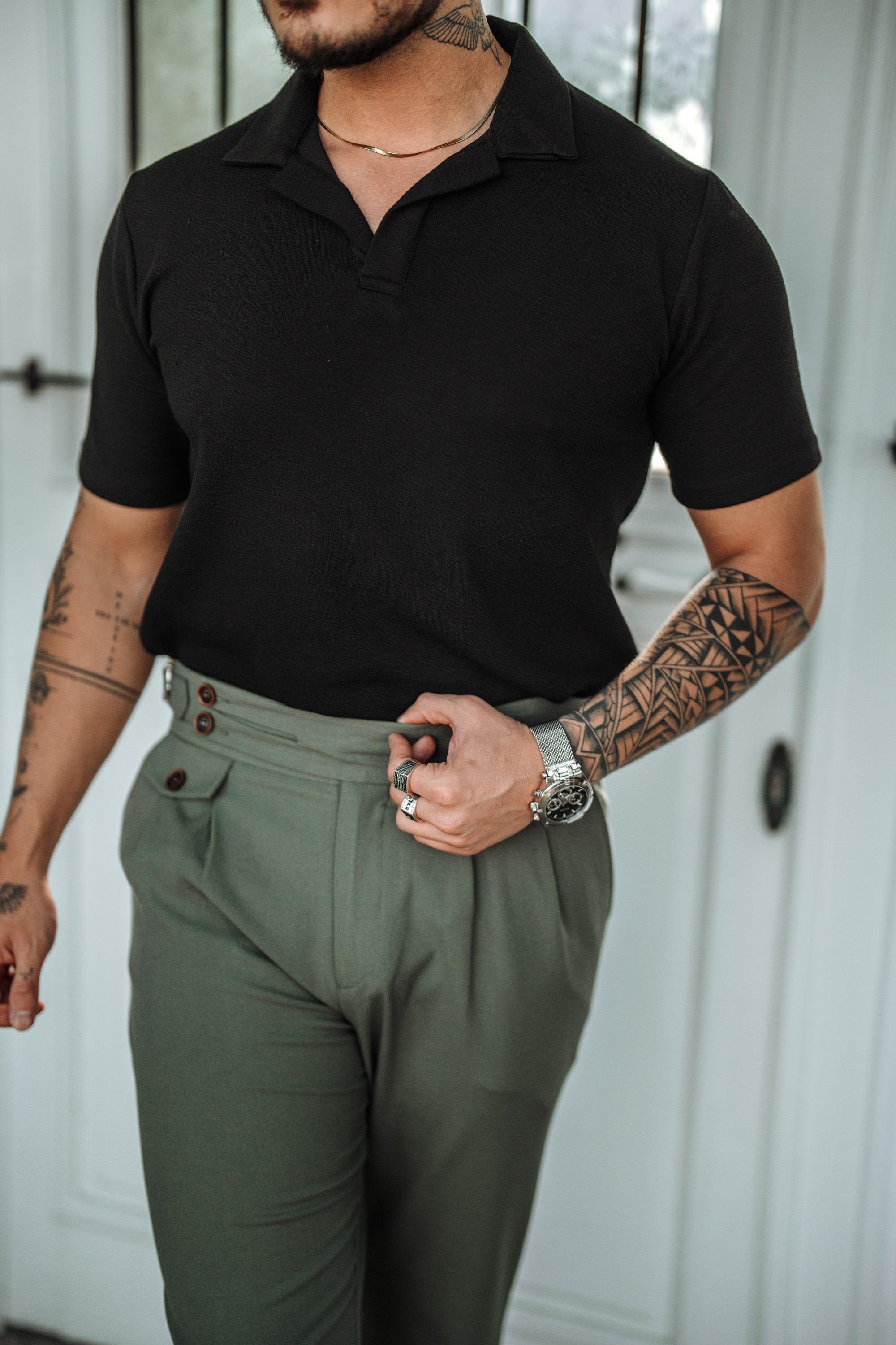 Polo Yaka Kabartma Kumaşlı T-Shirt Siyah