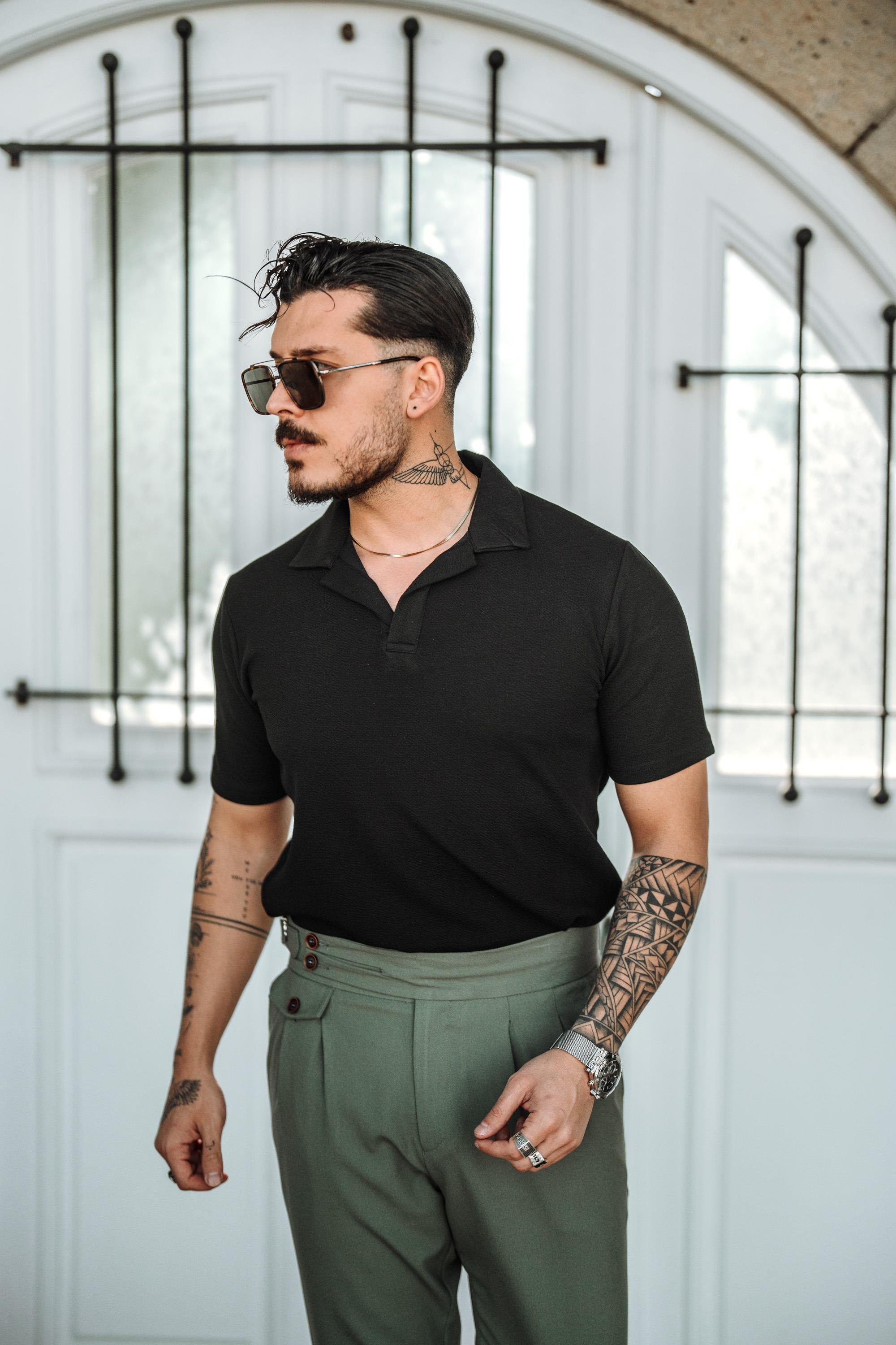 Polo Yaka Kabartma Kumaşlı T-Shirt Siyah