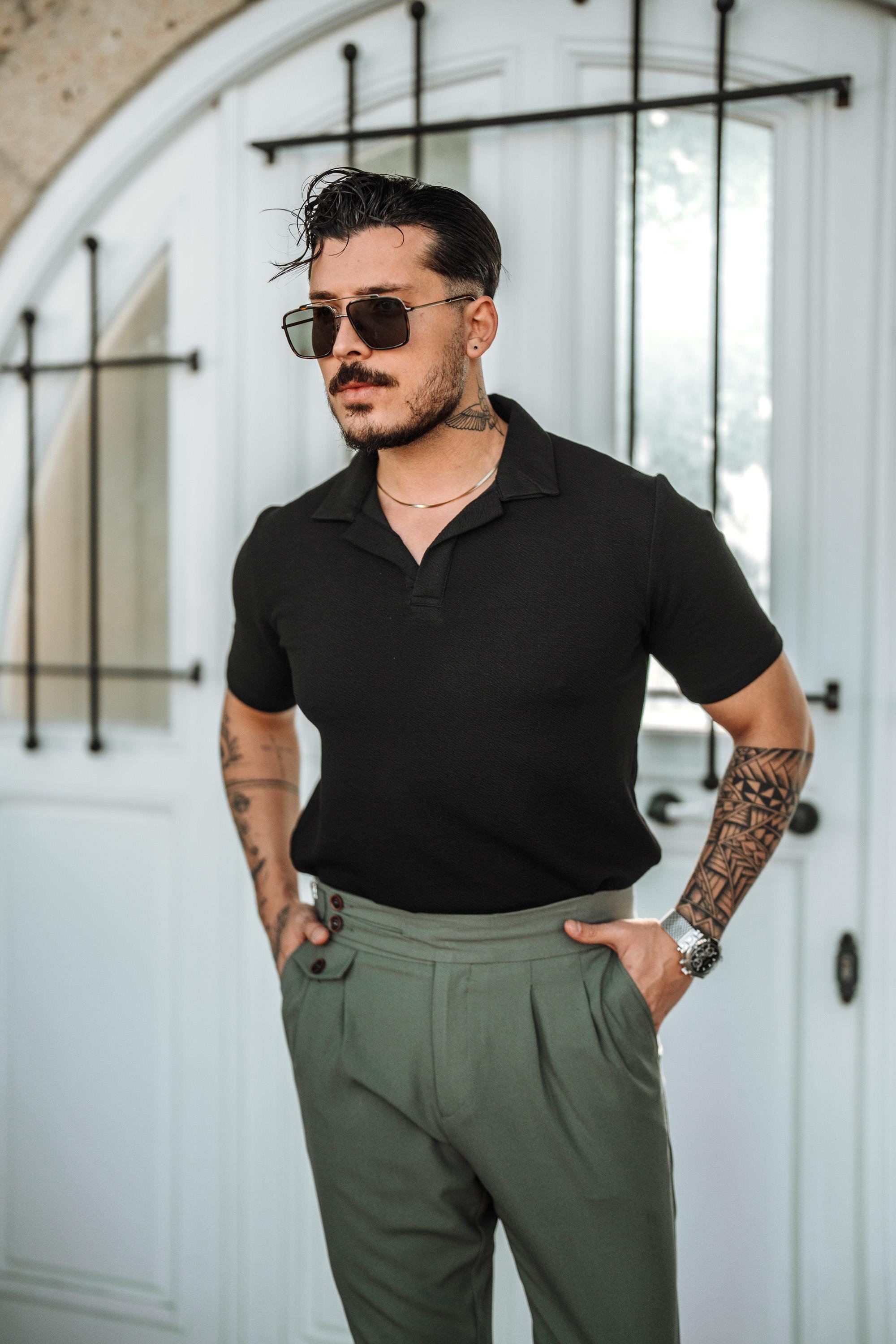 Polo Yaka Kabartma Kumaşlı T-Shirt Siyah