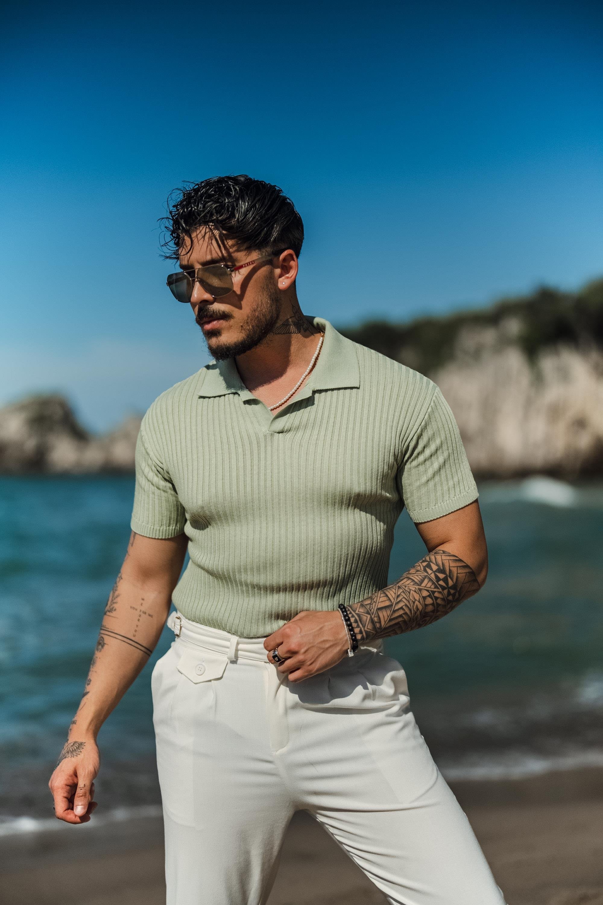 Polo Yaka Kabartmalı Şertili T-Shirt Mint