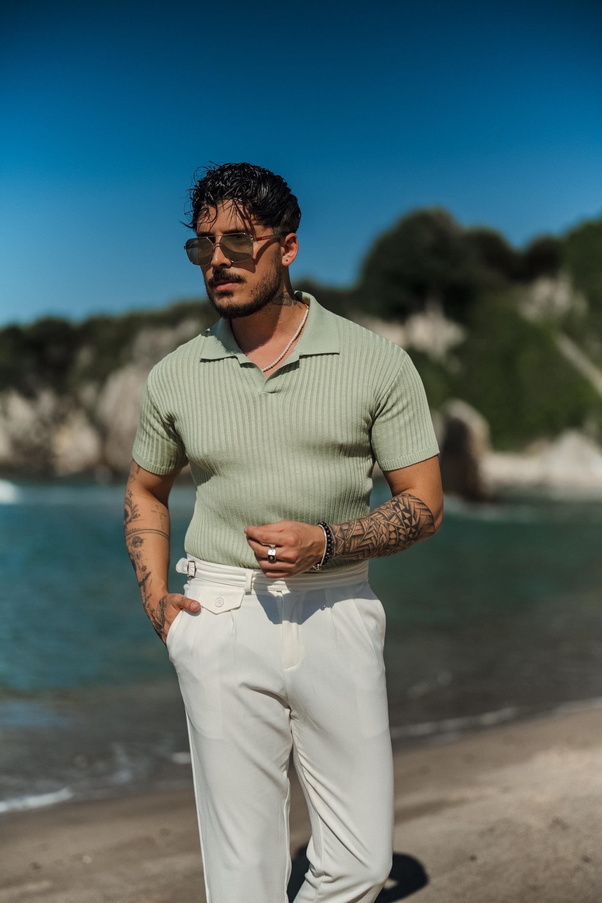 Polo Yaka Kabartmalı Şertili T-Shirt Mint