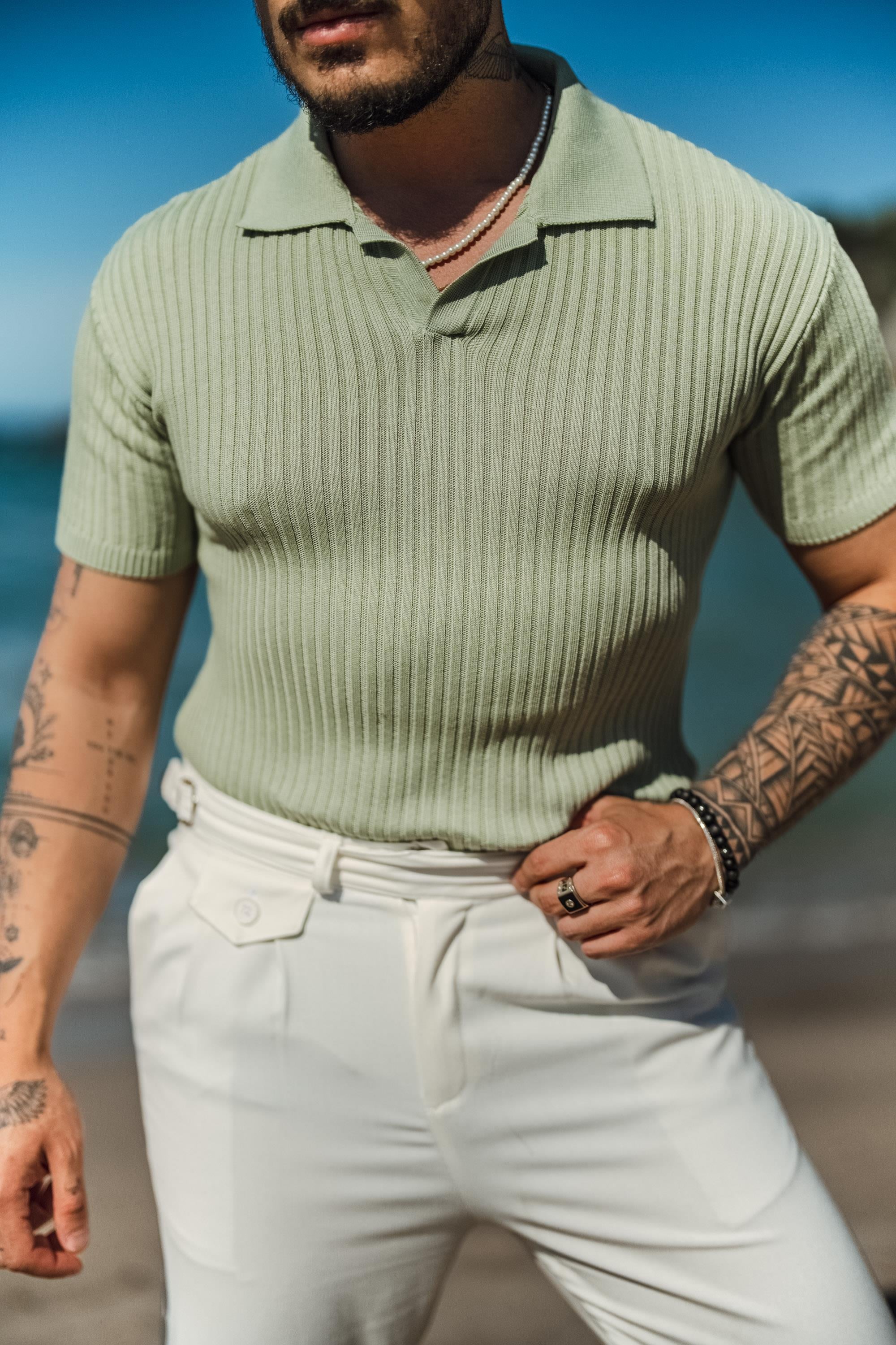 Polo Yaka Kabartmalı Şertili T-Shirt Mint