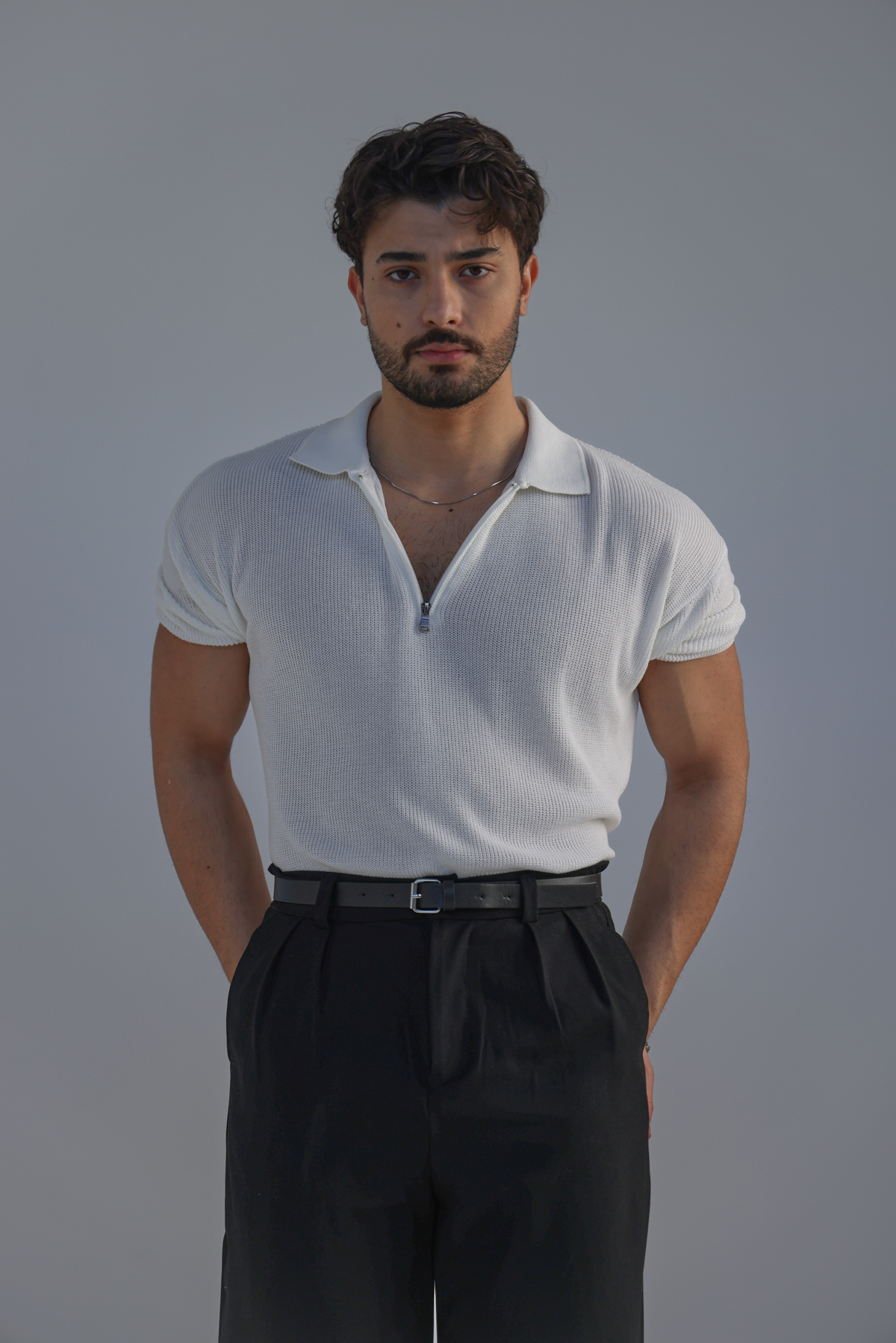 Polo Yaka Oversize Fermuarlı Triko Tshırt Beyaz