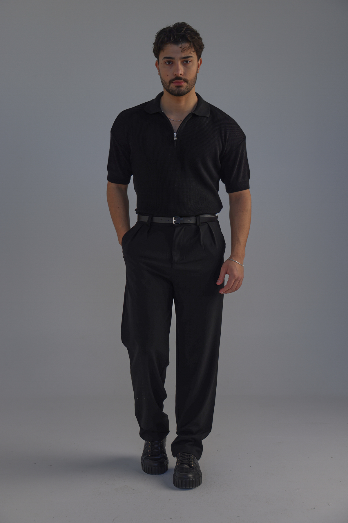 Polo Yaka Oversize Fermuarlı Triko Tshırt Siyah