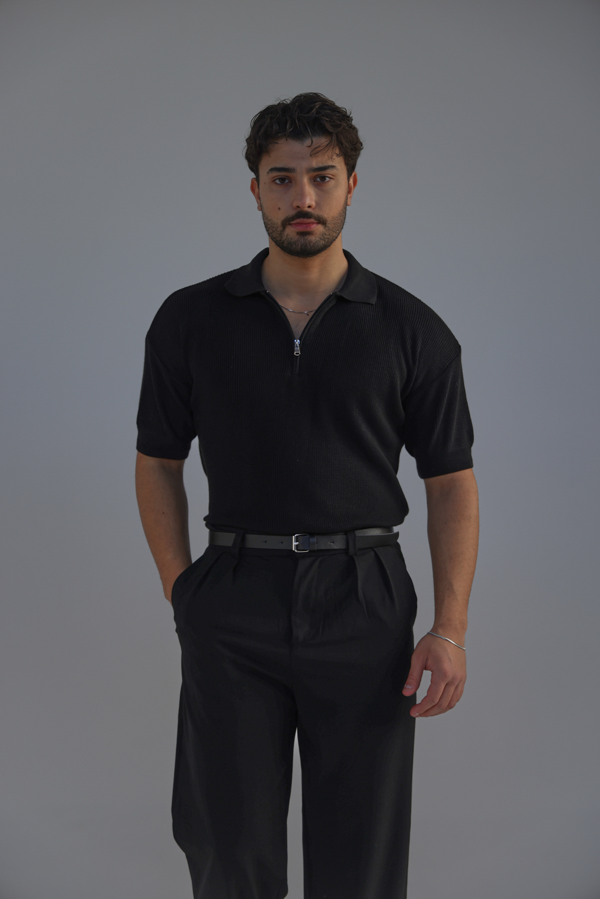 Polo Yaka Oversize Fermuarlı Triko Tshırt Siyah