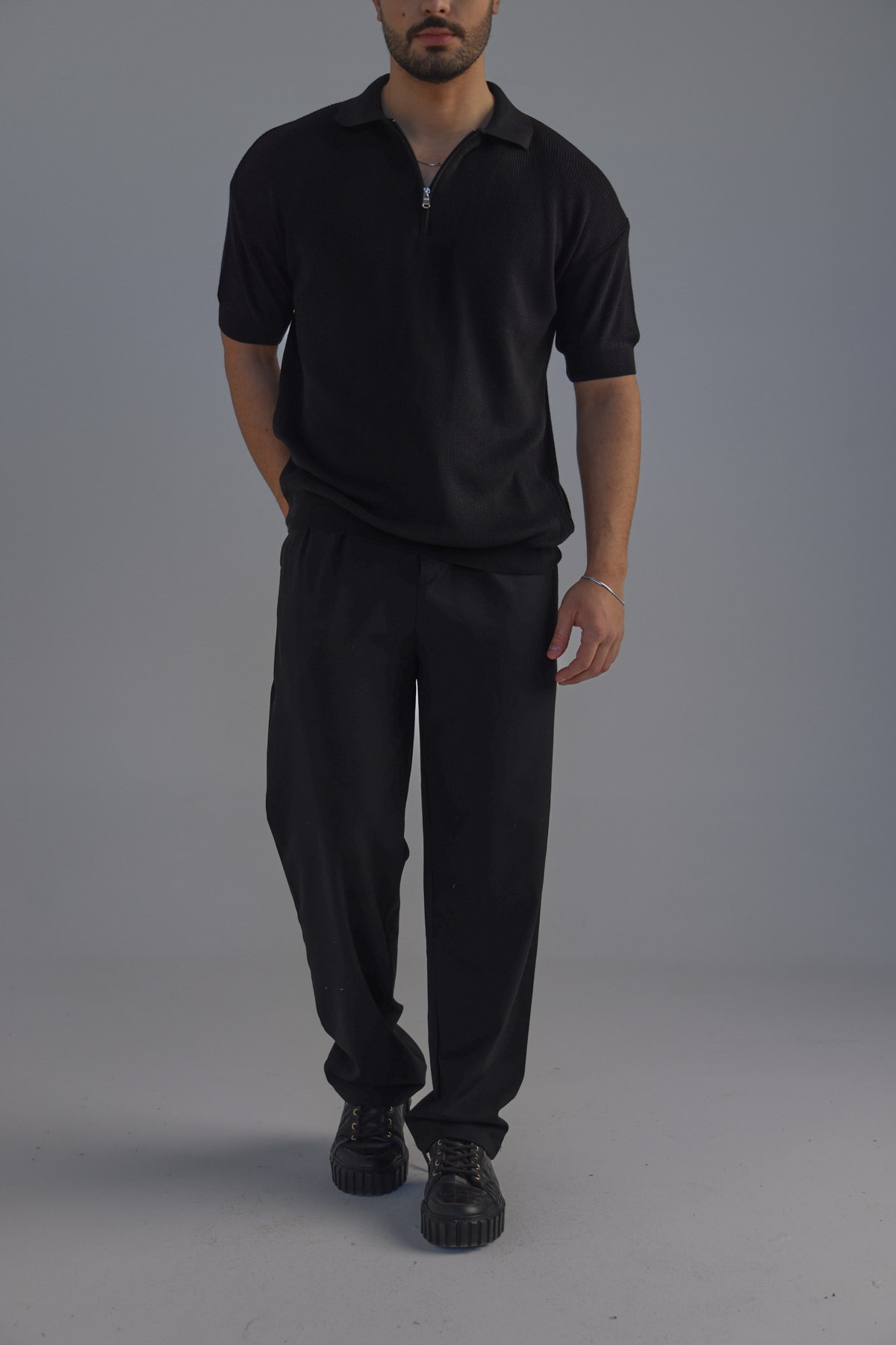 Polo Yaka Oversize Fermuarlı Triko Tshırt Siyah