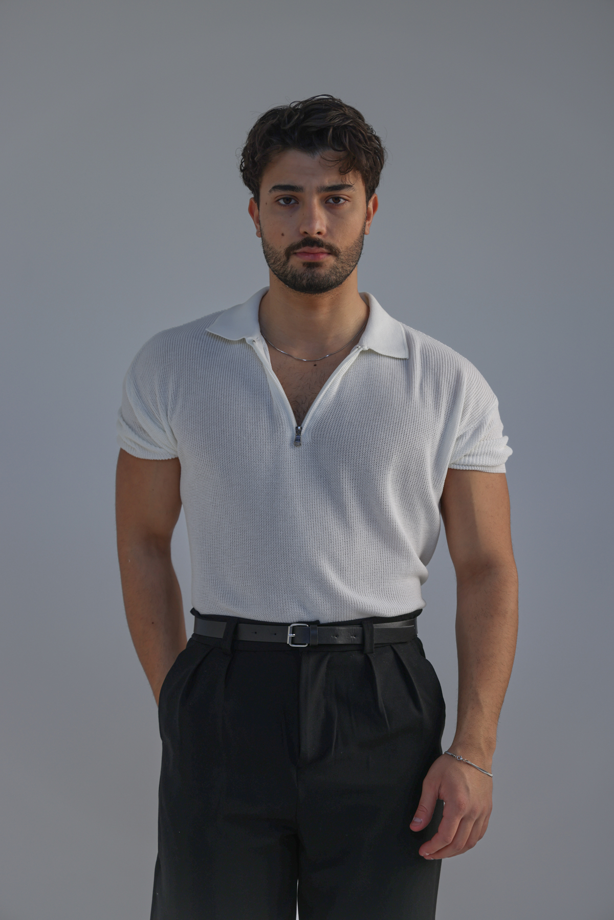 Polo Yaka Oversize Fermuarlı Triko Tshırt Beyaz