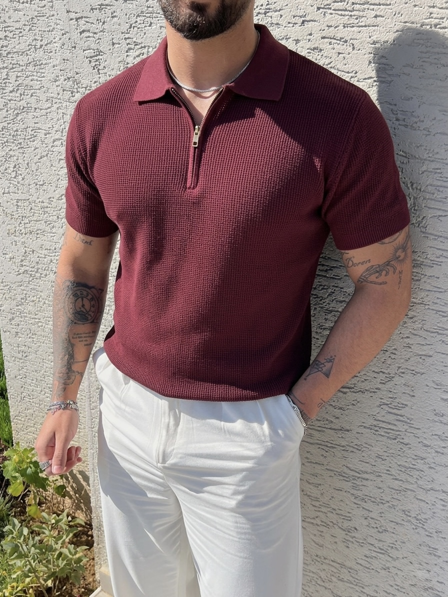 Polo Yaka Oversize Fermuarlı Triko Tshırt Mürdüm