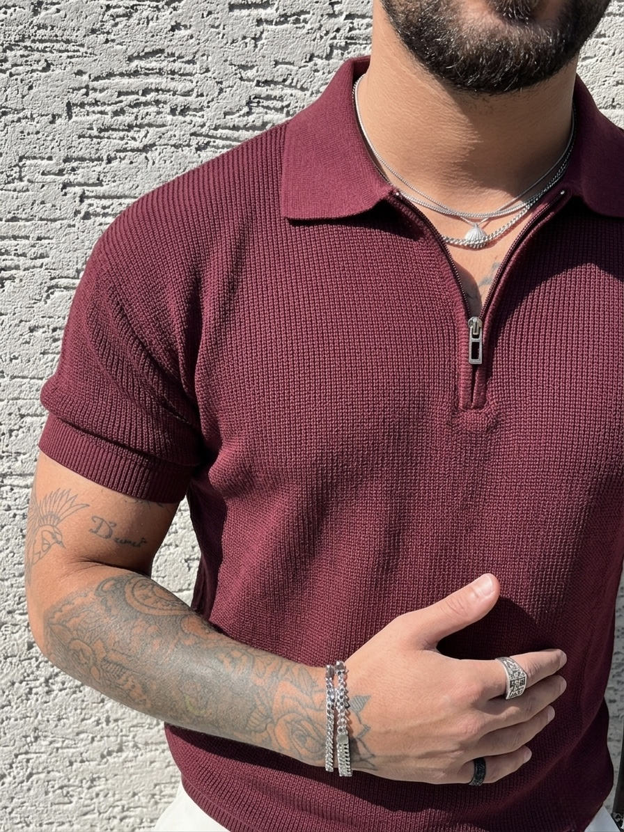 Polo Yaka Oversize Fermuarlı Triko Tshırt Mürdüm