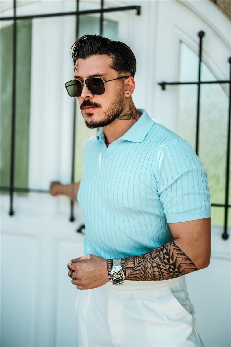 Polo Yaka Pamuklu Slim Fit T-Shirt Açık Mavi