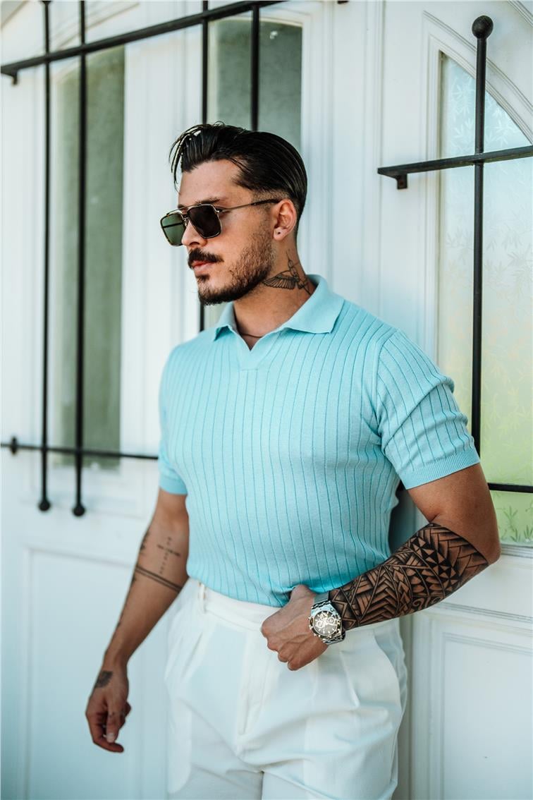 Polo Yaka Pamuklu Slim Fit T-Shirt Açık Mavi