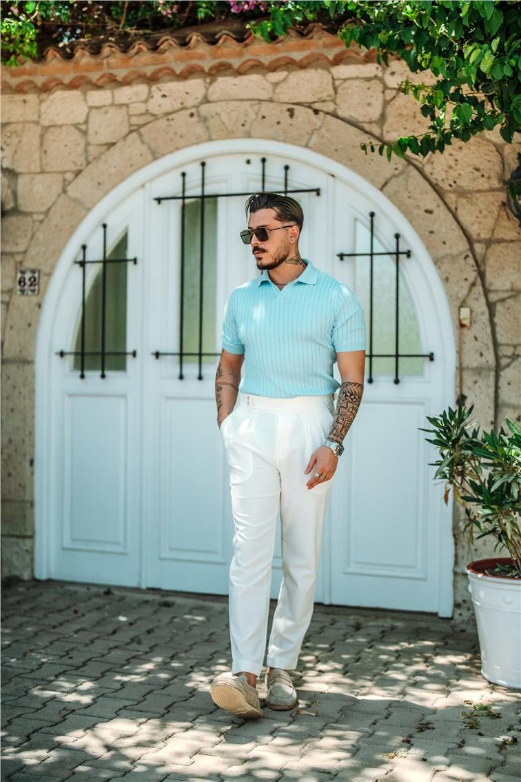 Polo Yaka Pamuklu Slim Fit T-Shirt Açık Mavi