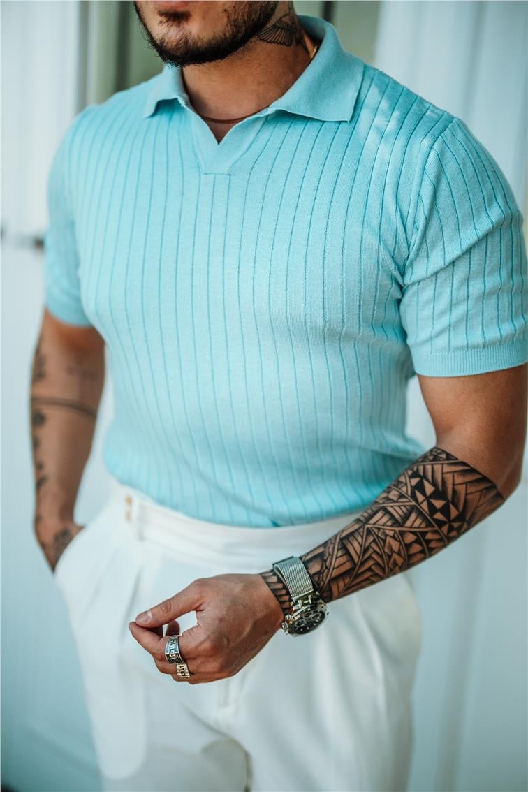 Polo Yaka Pamuklu Slim Fit T-Shirt Açık Mavi