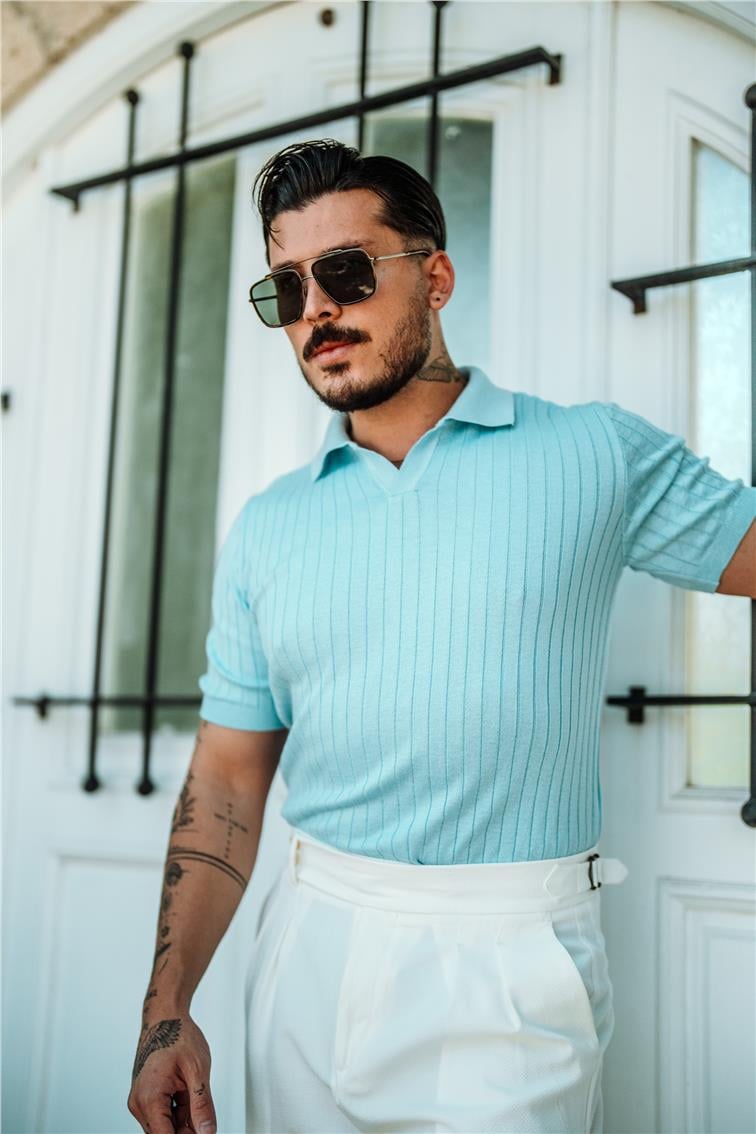 Polo Yaka Pamuklu Slim Fit T-Shirt Açık Mavi