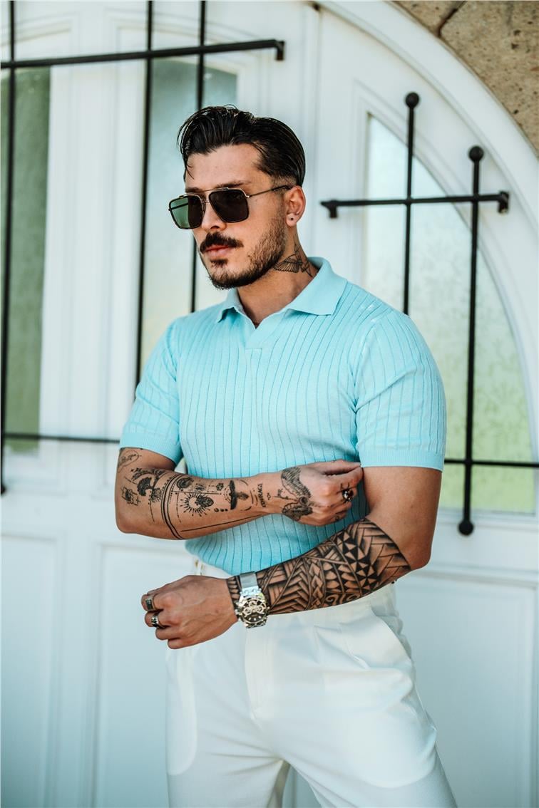 Polo Yaka Pamuklu Slim Fit T-Shirt Açık Mavi