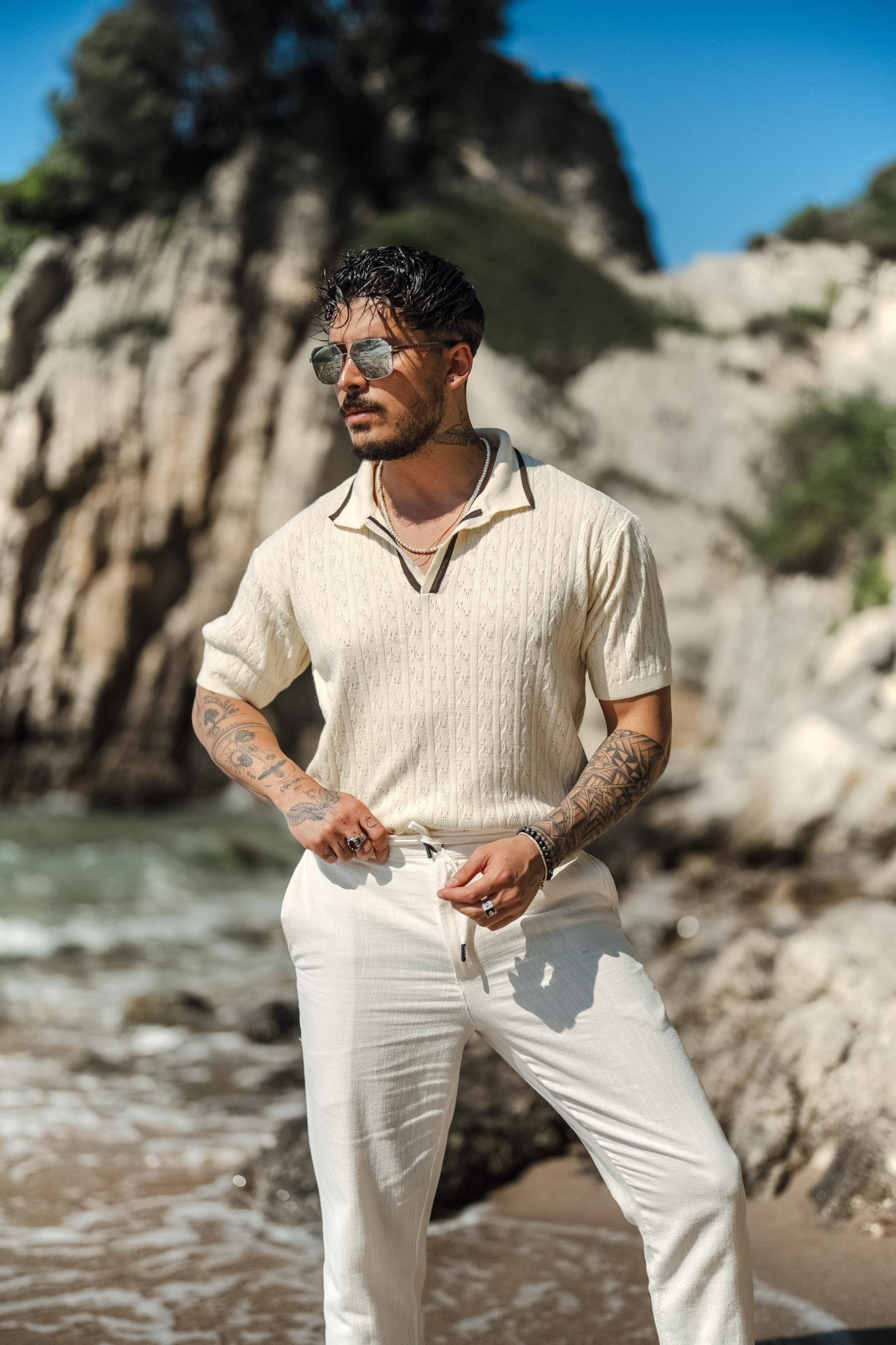 Polo Yaka Şerit İşlemeli T-Shirt Beyaz-Kahve